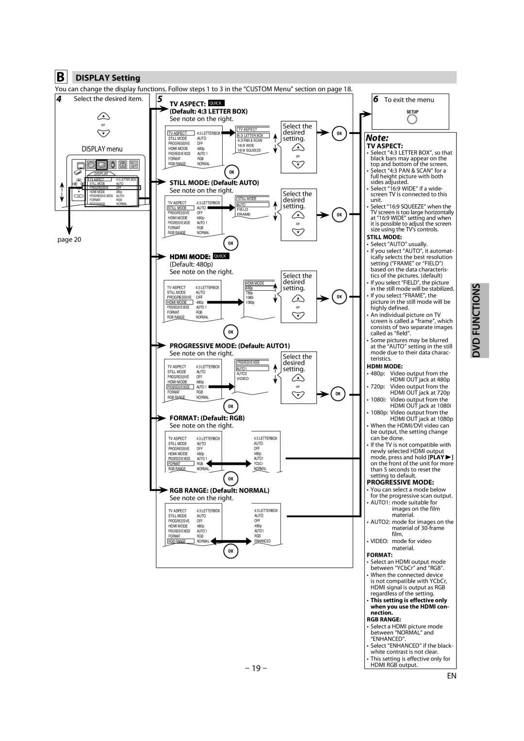 Magnavox DP170MW8B owner manual Display Setting, TV Aspect Quick, Progressive Mode 