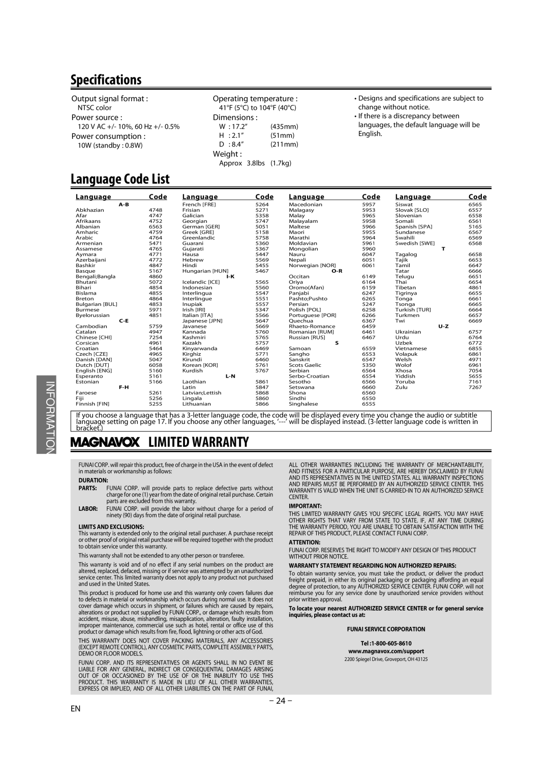 Magnavox DP170MW8B owner manual Specifications, Language Code 