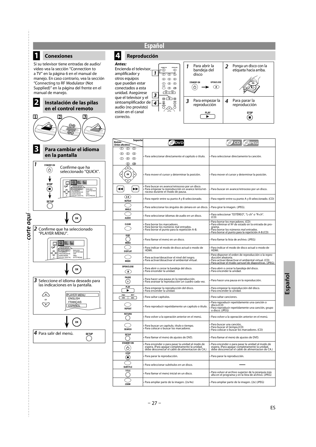 Magnavox DP170MW8B owner manual Conexiones, Reproducción, Instalación de las pilas en el control remoto 