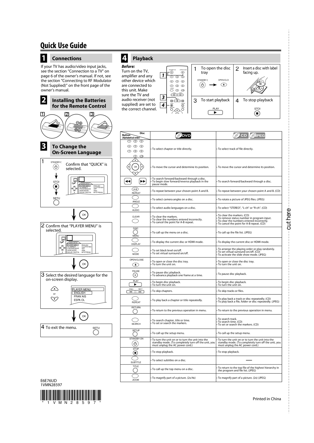 Magnavox DP170MW8B owner manual Quick Use Guide, Connections, Playback, Installing the Batteries for the Remote Control 