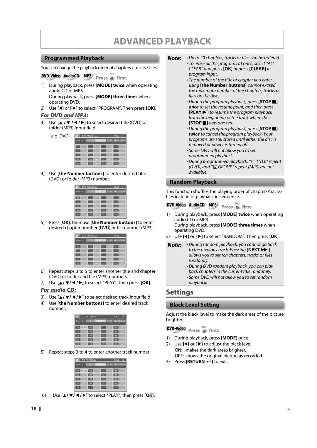 Magnavox DV220MW9 owner manual Settings, Programmed Playback, Random Playback, Black Level Setting 