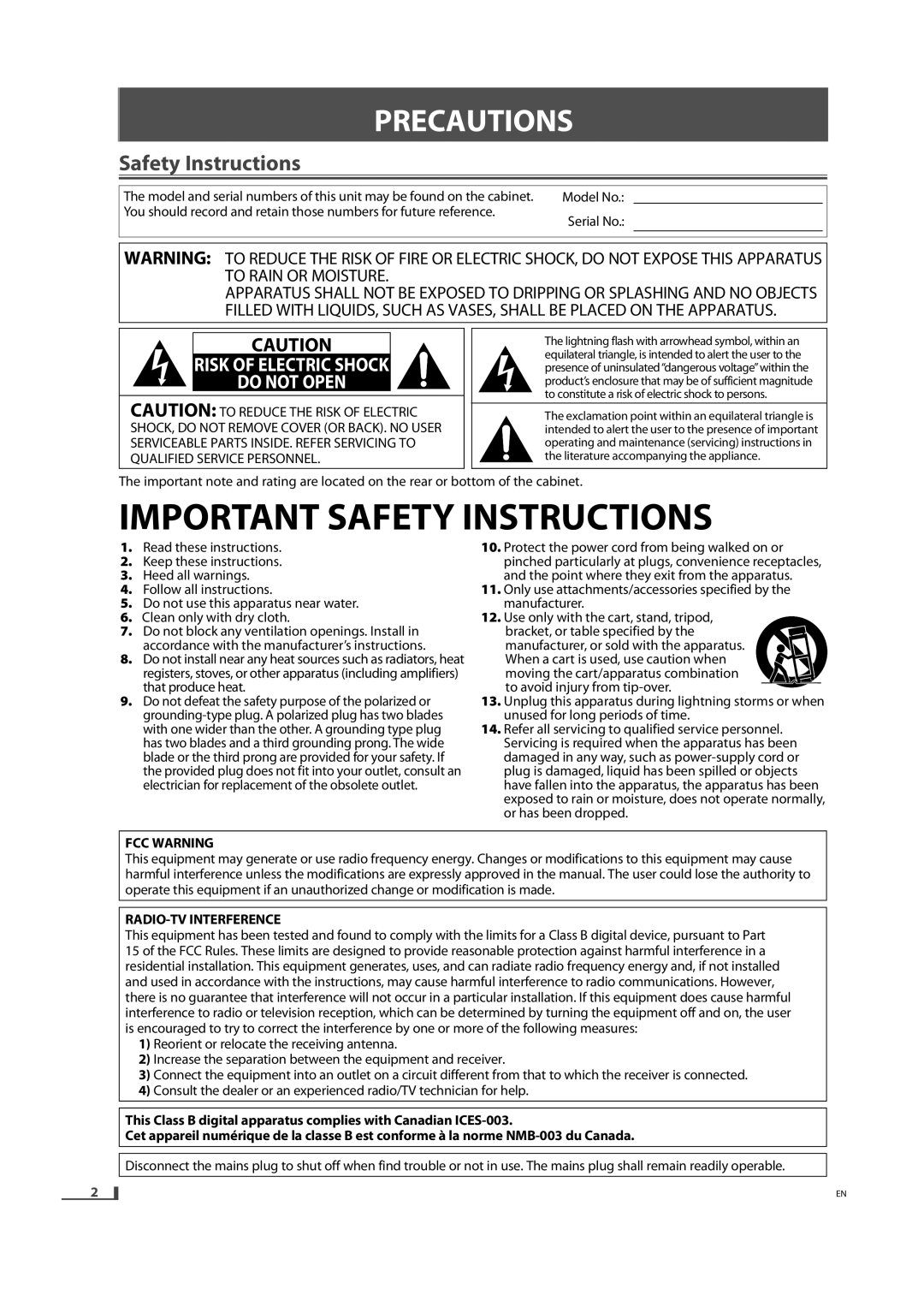 Magnavox DV220MW9 owner manual Precautionsp I NS, Safety Instructions, FCC Warning, RADIO-TV Interference 