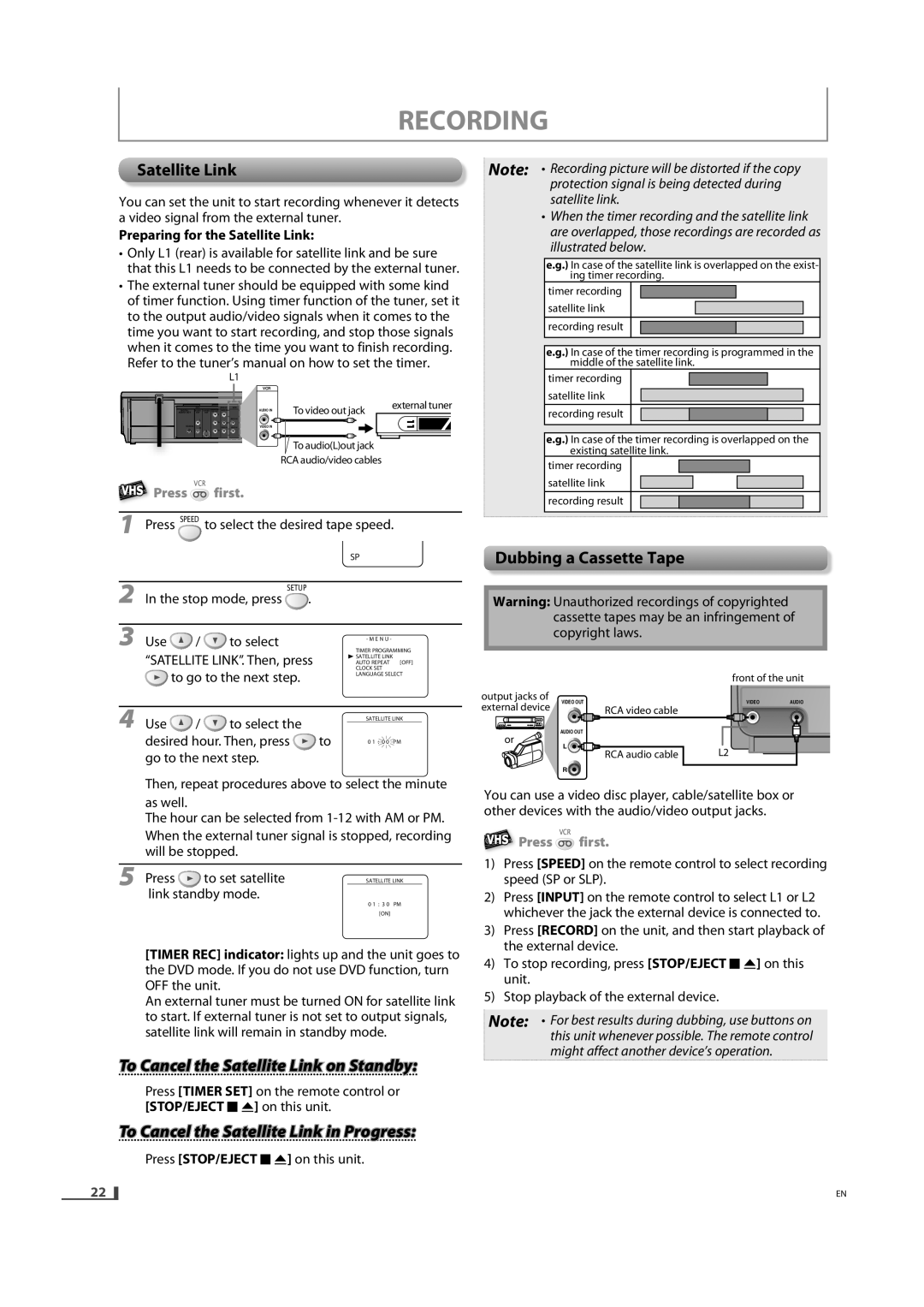 Magnavox DV220MW9 owner manual To Cancel the Satellite Link on Standby, To Cancel the Satellite Link in Progress 