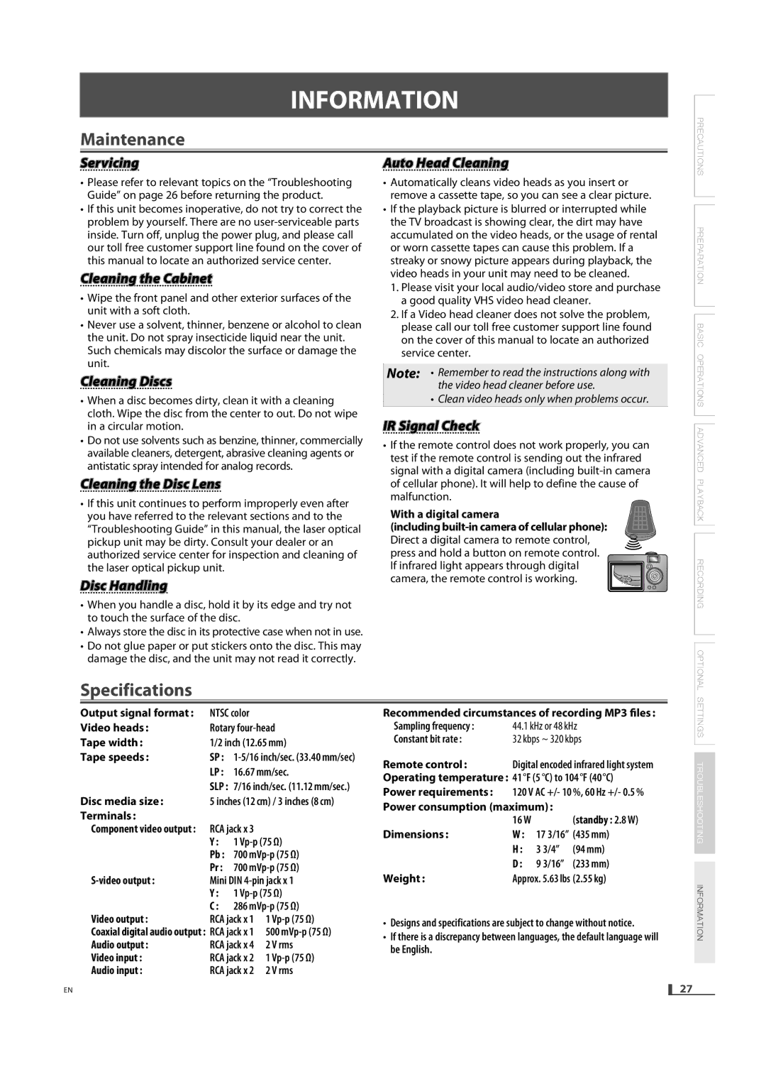 Magnavox DV220MW9 owner manual Informationi I N, Maintenance 