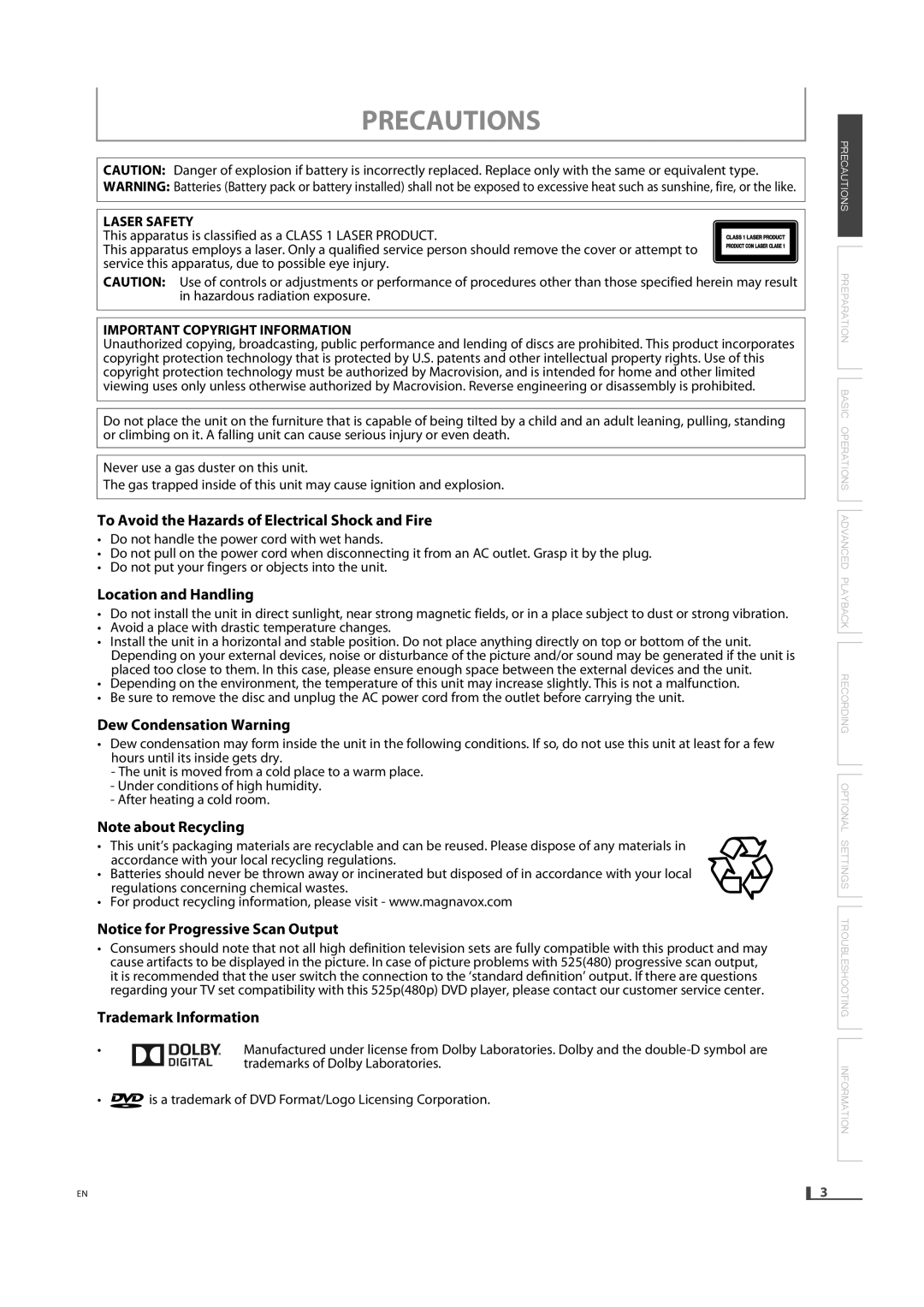 Magnavox DV220MW9 owner manual Precautions, Laser Safety, Important Copyright Information, Trademarks of Dolby Laboratories 