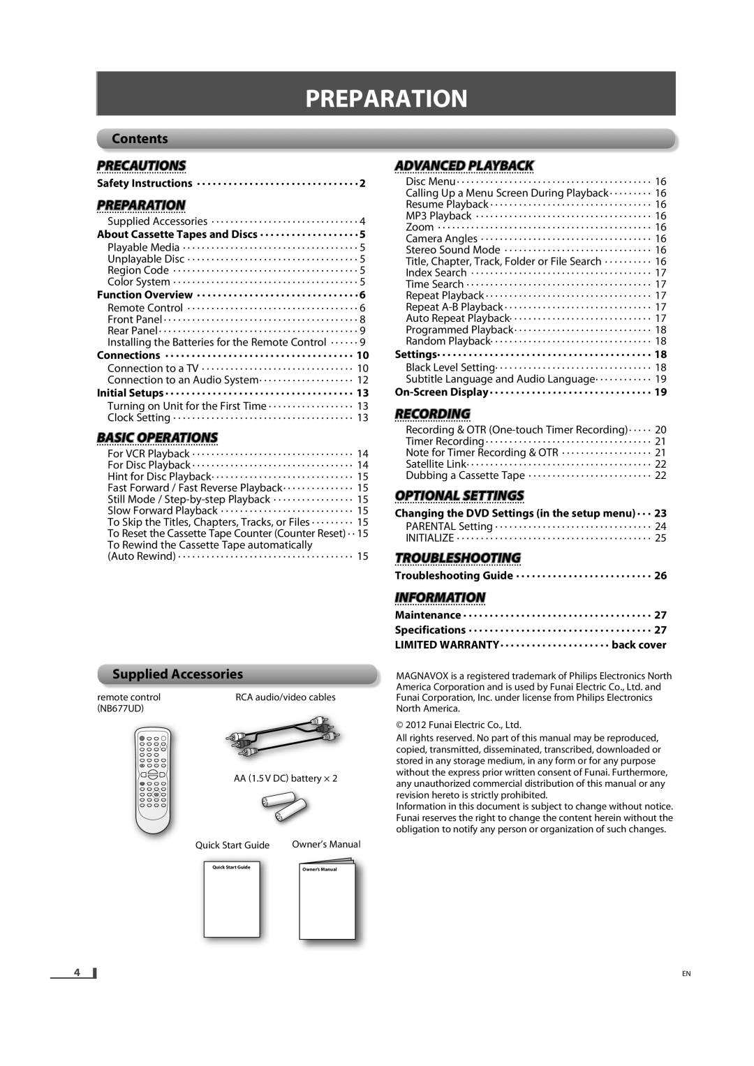 Magnavox DV220MW9 Preparationp I N, Contents, Supplied Accessories, Changing the DVD Settings in the setup menu · · · 