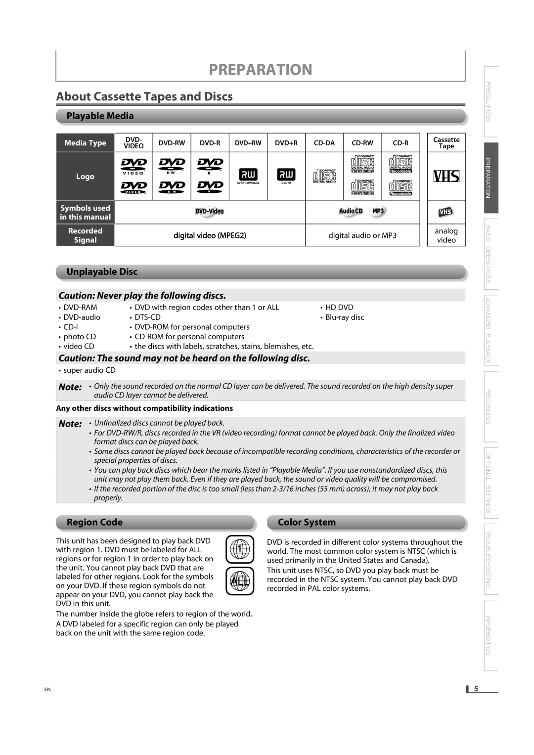 Magnavox DV220MW9 owner manual Preparation, About Cassette Tapes and Discs 