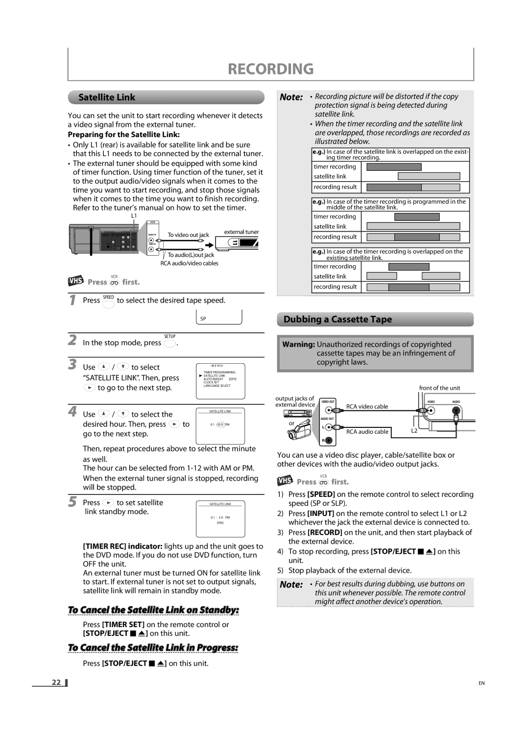 Magnavox DV220MW9 owner manual To Cancel the Satellite Link on Standby, To Cancel the Satellite Link in Progress 