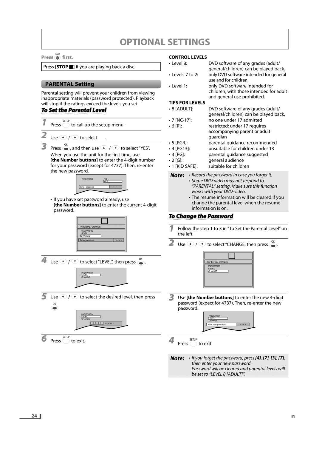 Magnavox DV220MW9 owner manual Optional Settings, Parental Setting, To Set the Parental Level, To Change the Password 