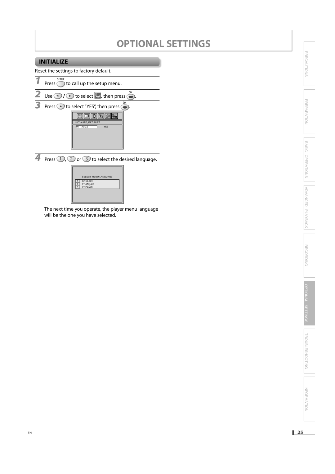 Magnavox DV220MW9 owner manual Press To select YES, then press, Press 1 , 2 or 3 to select the desired language 