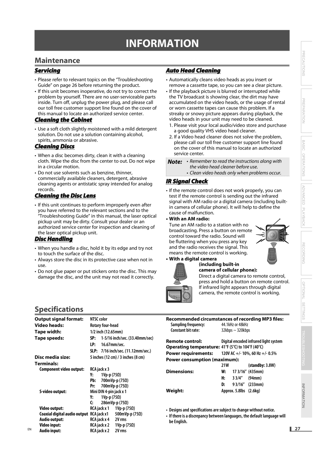 Magnavox DV220MW9 owner manual Informationi I N, Maintenance, Specifications 