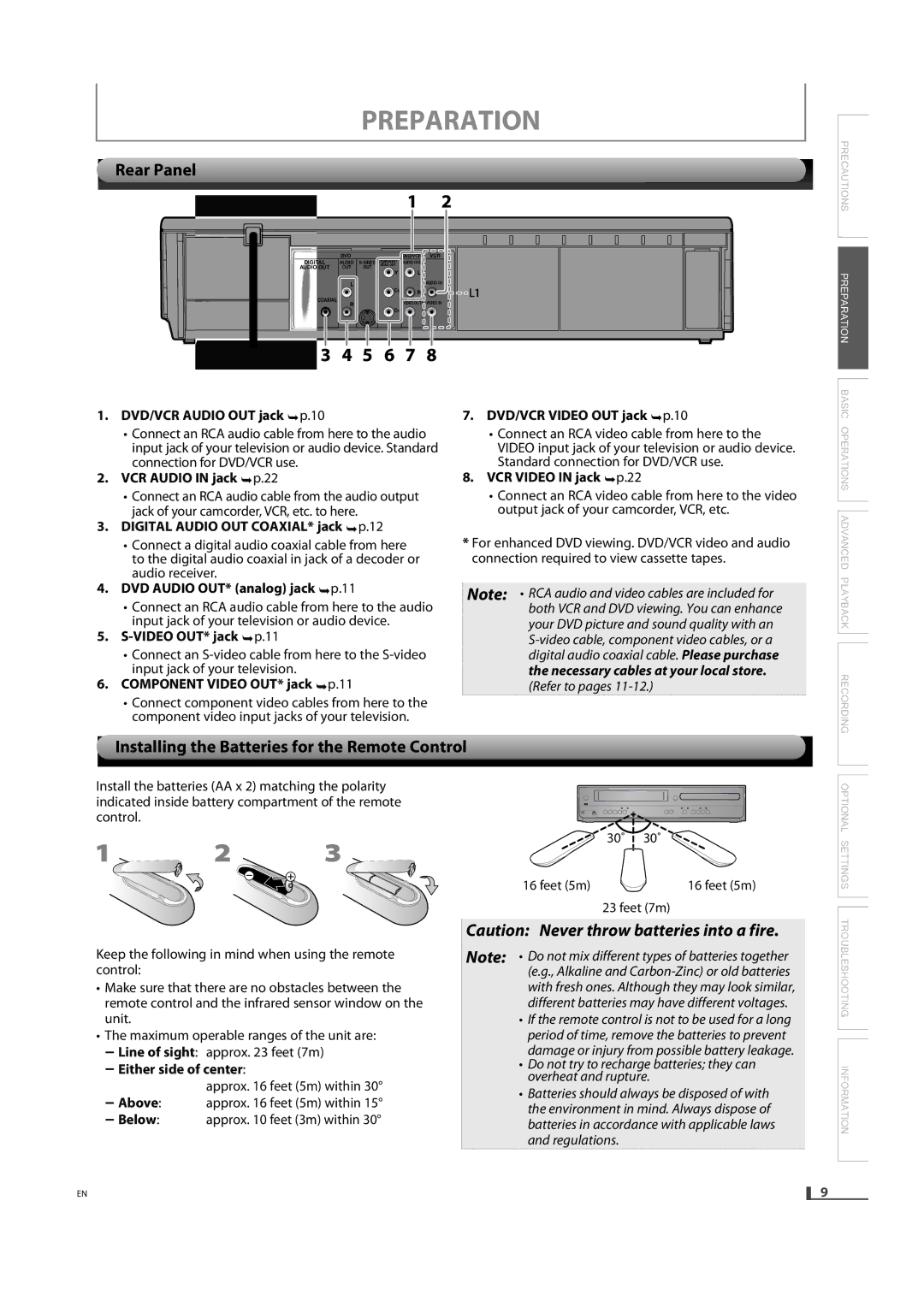 Magnavox DV220MW9 owner manual Rear Panel, Installing the Batteries for the Remote Control 