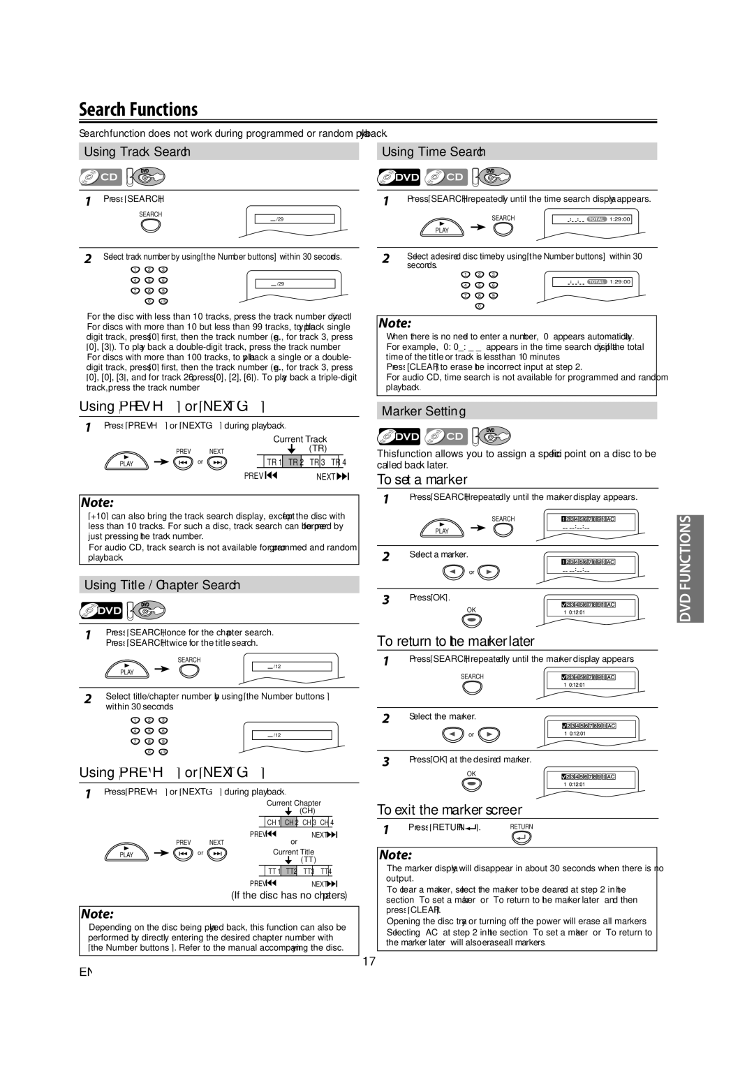 Magnavox DV225MG9 Search Functions, Using Track Search Using Time Search, Using Title / Chapter Search, Marker Setting 