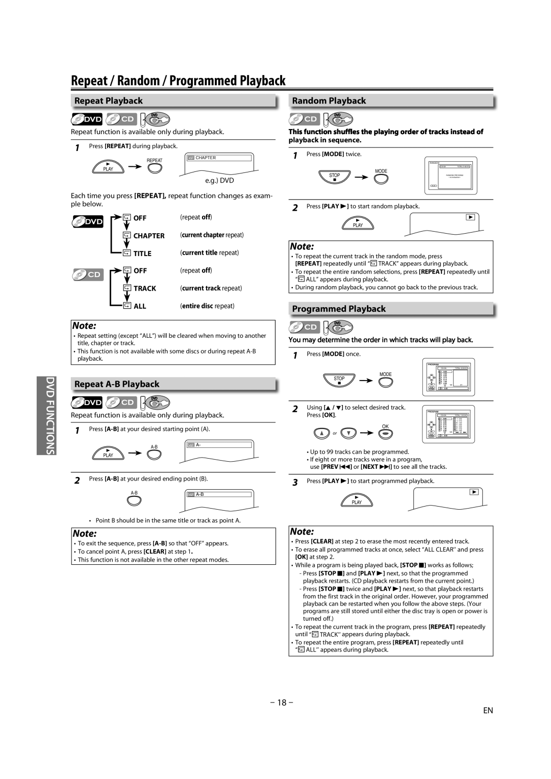 Magnavox DV225MG9 owner manual Repeat / Random / Programmed Playback, Repeat Playback, Repeat A-B Playback, Random Playback 