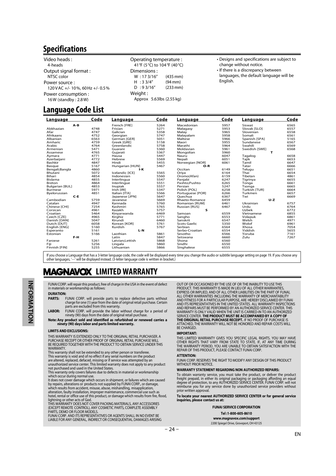 Magnavox DV225MG9 owner manual Specifications, Video heads Operating temperature, Dimensions, Power source, Weight 