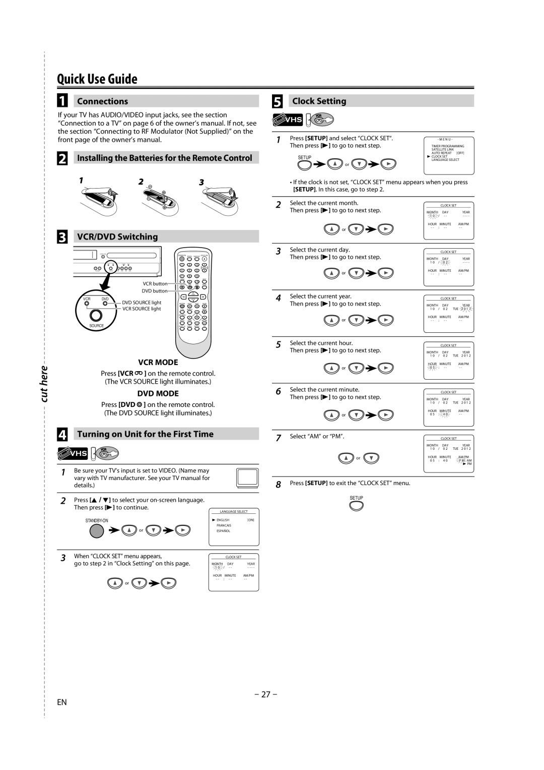 Magnavox DV225MG9 Quick Use Guide, Connections Installing the Batteries for the Remote Control, VCR/DVD Switching 