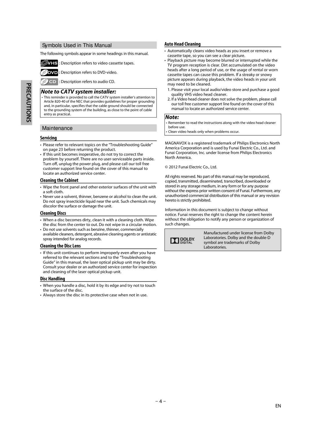 Magnavox DV225MG9 Symbols Used in This Manual, Maintenance Servicing, Cleaning the Cabinet, Cleaning Discs, Disc Handling 