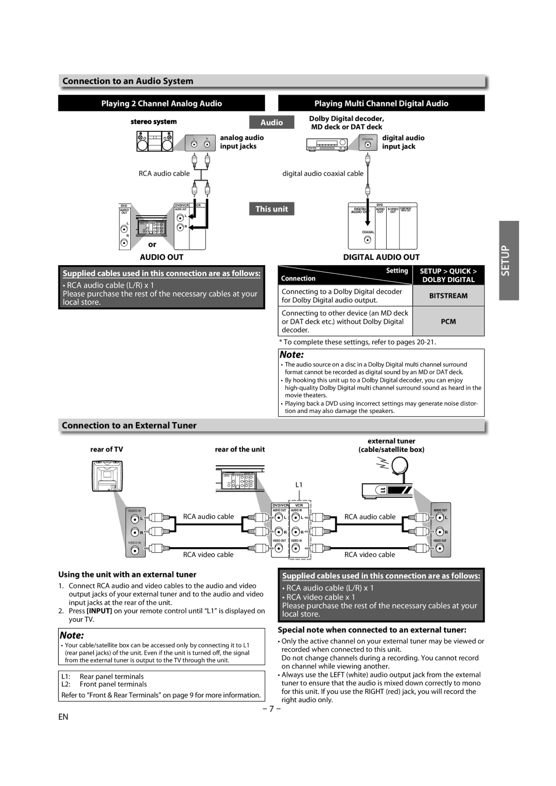 Magnavox DV225MG9 owner manual Connection to an Audio System, Audio OUT Digital Audio OUT, Connection to an External Tuner 