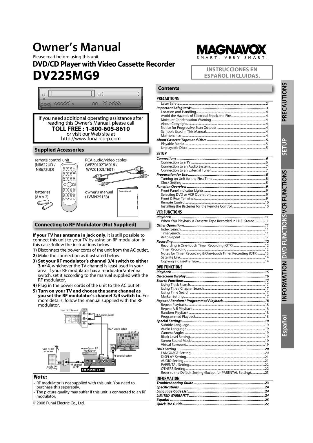 Magnavox DV225MG9 owner manual Supplied Accessories, Connecting to RF Modulator Not Supplied, Contents 