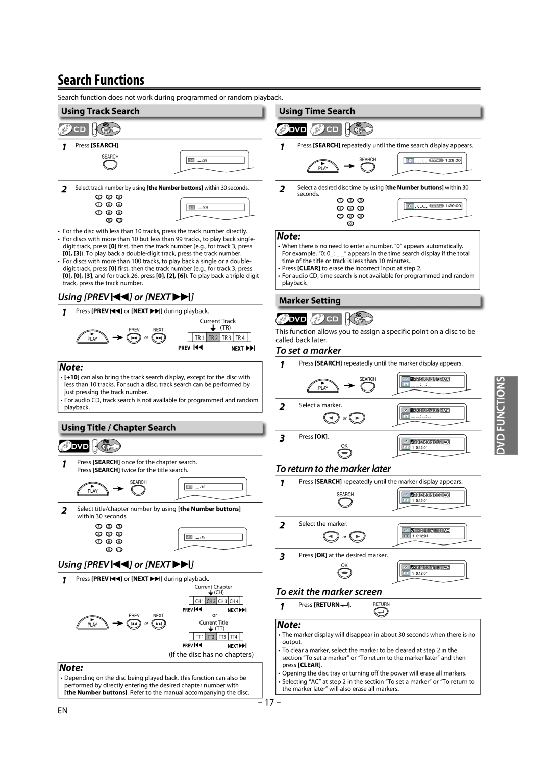 Magnavox DV225MG9 Search Functions, Using Track Search Using Time Search, Using Title / Chapter Search, Marker Setting 