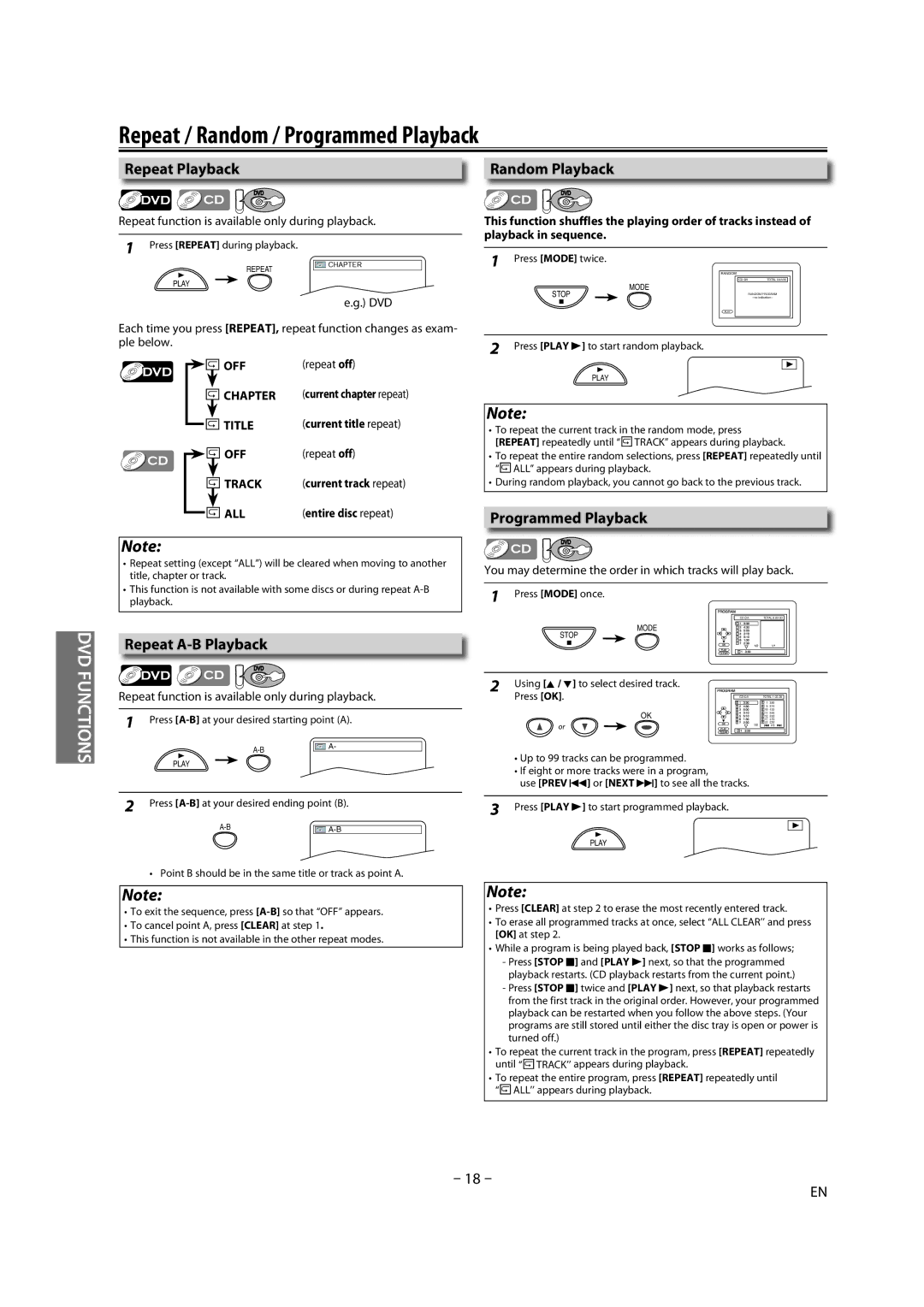 Magnavox DV225MG9 owner manual Repeat / Random / Programmed Playback, Repeat Playback, Repeat A-B Playback, Random Playback 