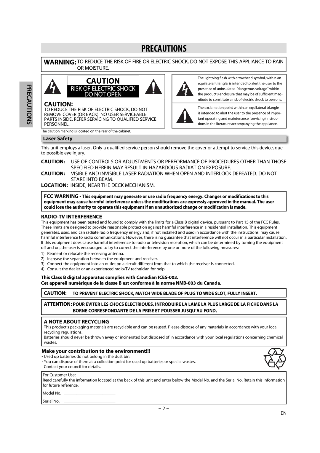 Magnavox DV225MG9 owner manual Precautions, Laser Safety, Make your contribution to the environment 