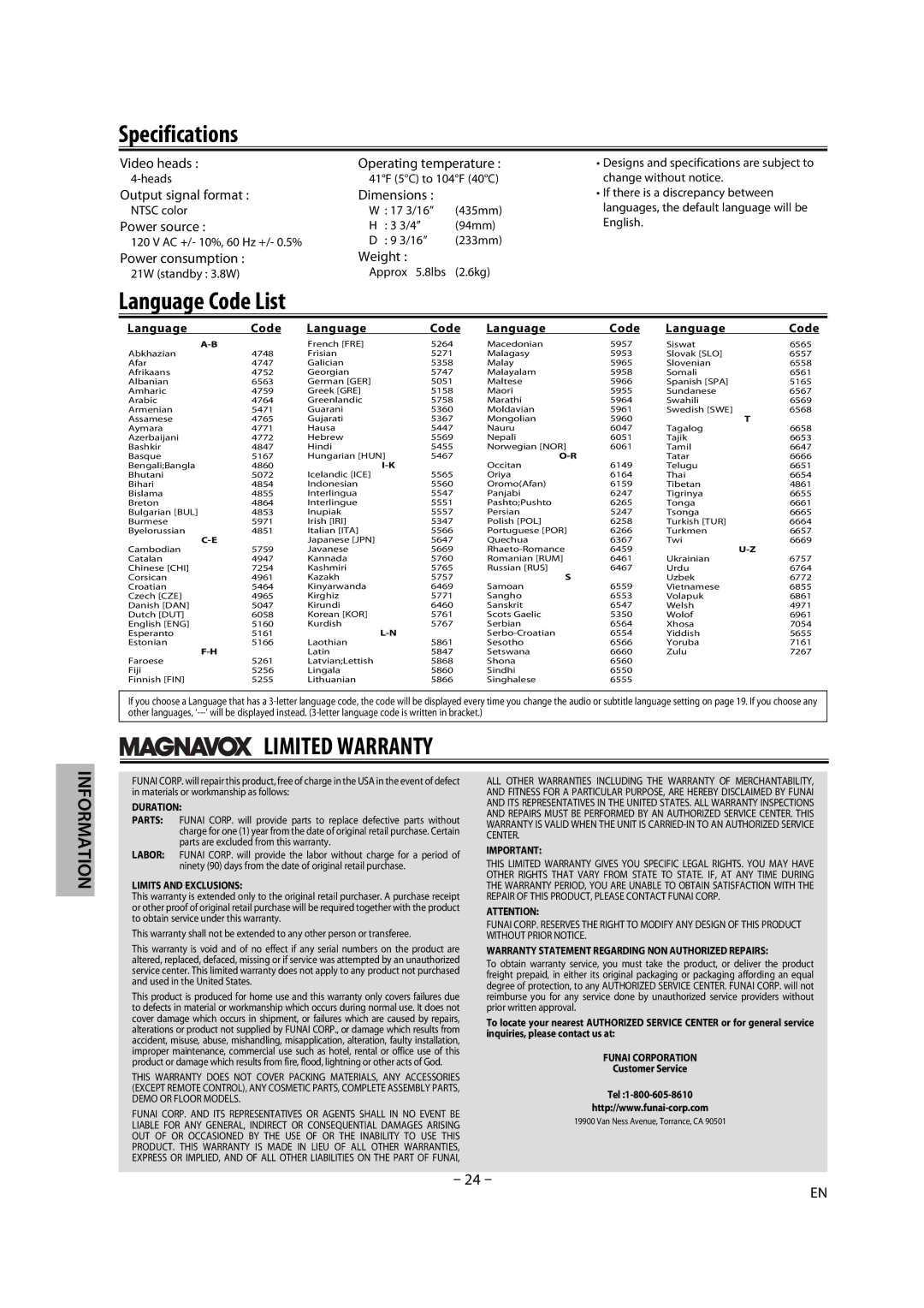 Magnavox DV225MG9 owner manual Specifications, Video heads Operating temperature, Dimensions, Power source, Weight 