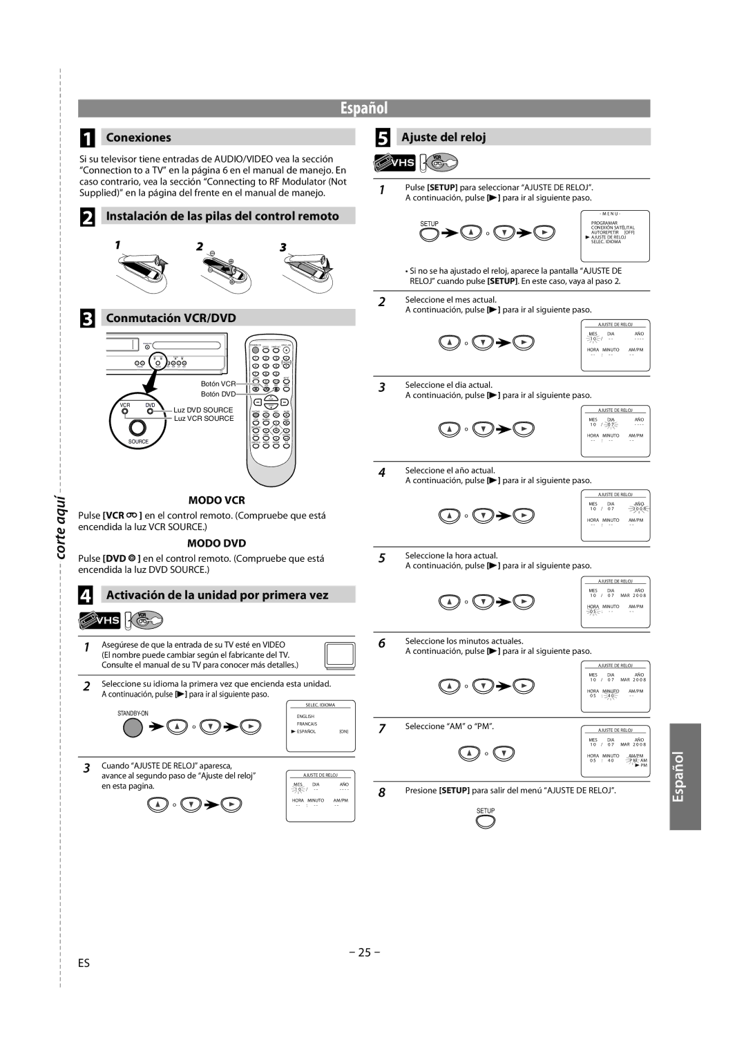 Magnavox DV225MG9 Conexiones, Instalación de las pilas del control remoto, Ajuste del reloj, Conmutación VCR/DVD 