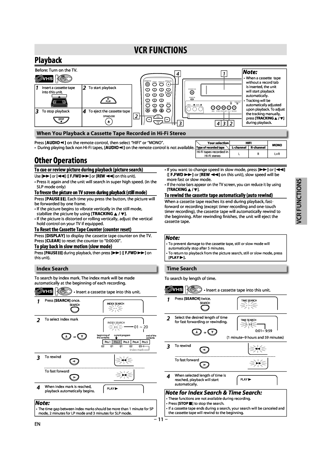 Magnavox DV225MG9 owner manual Vcr Functions, Playback, Other Operations, Note for Index Search & Time Search, 4 3 