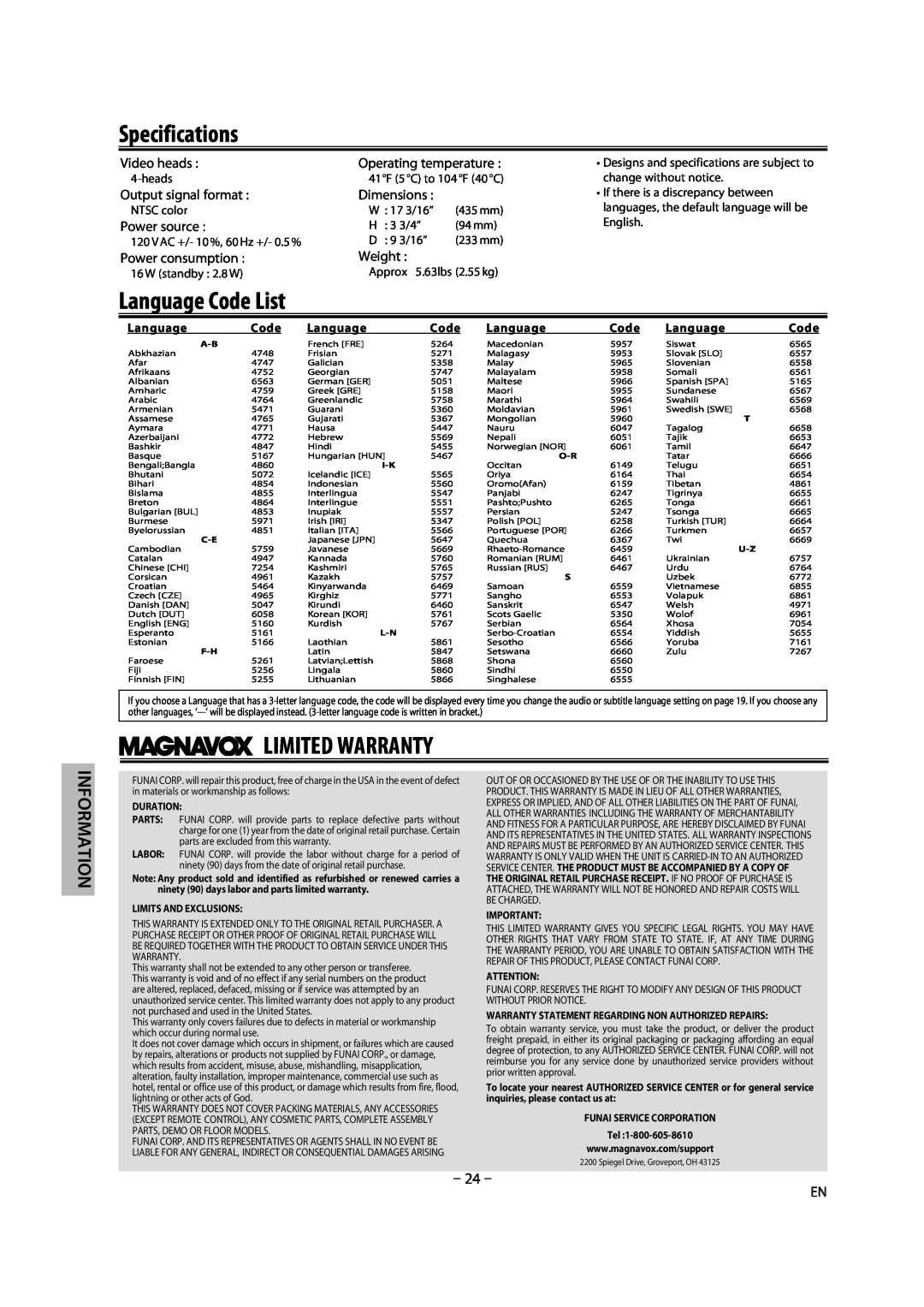 Magnavox DV225MG9 owner manual Specifications, Limited Warranty, Language Code List, Information 