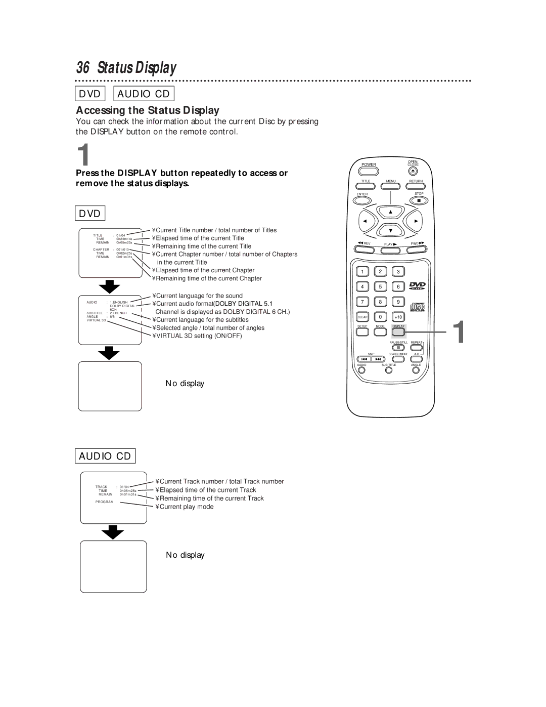 Magnavox DVD502AT warranty Accessing the Status Display 