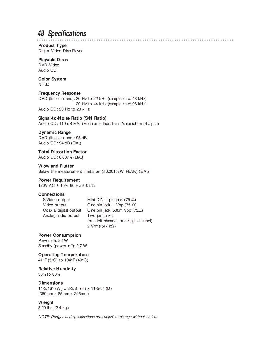 Magnavox DVD502AT warranty Specifications 