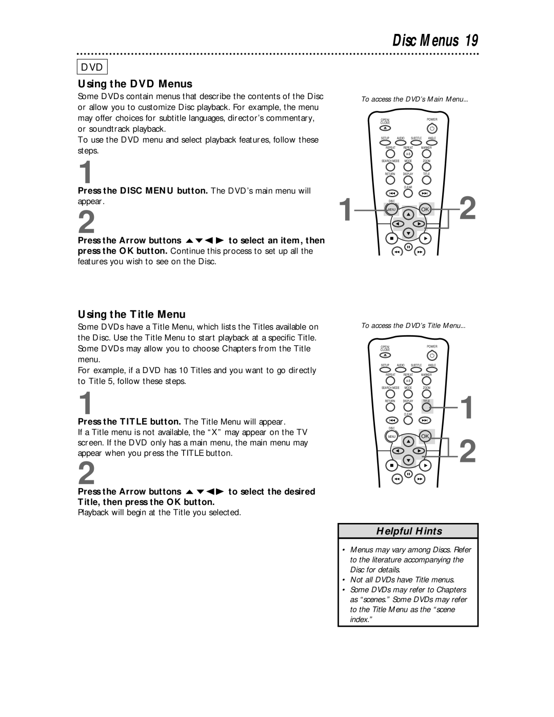 Magnavox DVD609 owner manual Disc Menus, Using the DVD Menus, Using the Title Menu 