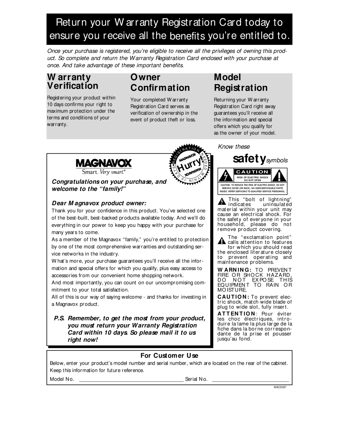 Magnavox DVD609 owner manual Warranty Verification, For Customer Use 