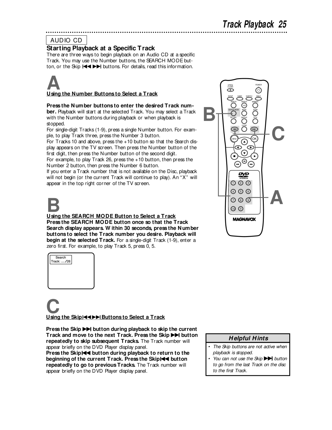 Magnavox DVD609 owner manual Track Playback, Starting Playback at a Specific Track 