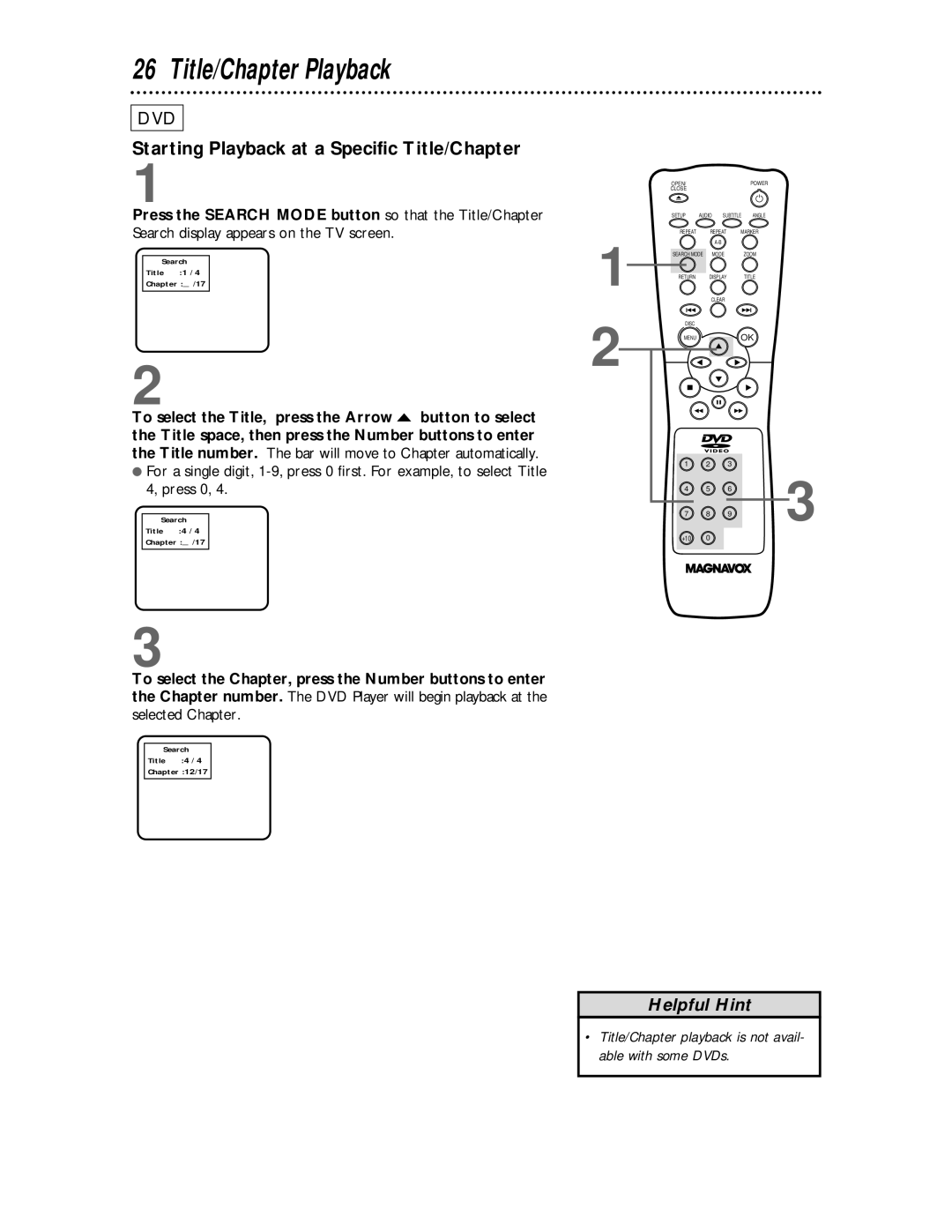 Magnavox DVD609 owner manual Title/Chapter Playback, Starting Playback at a Specific Title/Chapter 