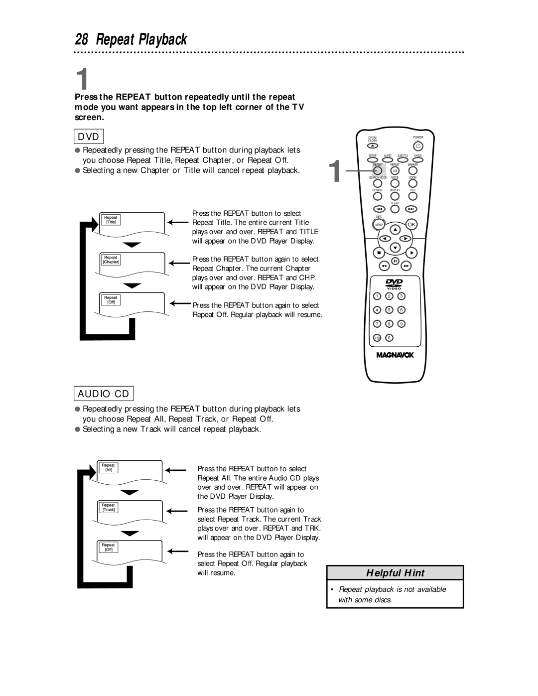 Magnavox DVD609 owner manual Repeat Playback, You choose Repeat Title, Repeat Chapter, or Repeat Off 