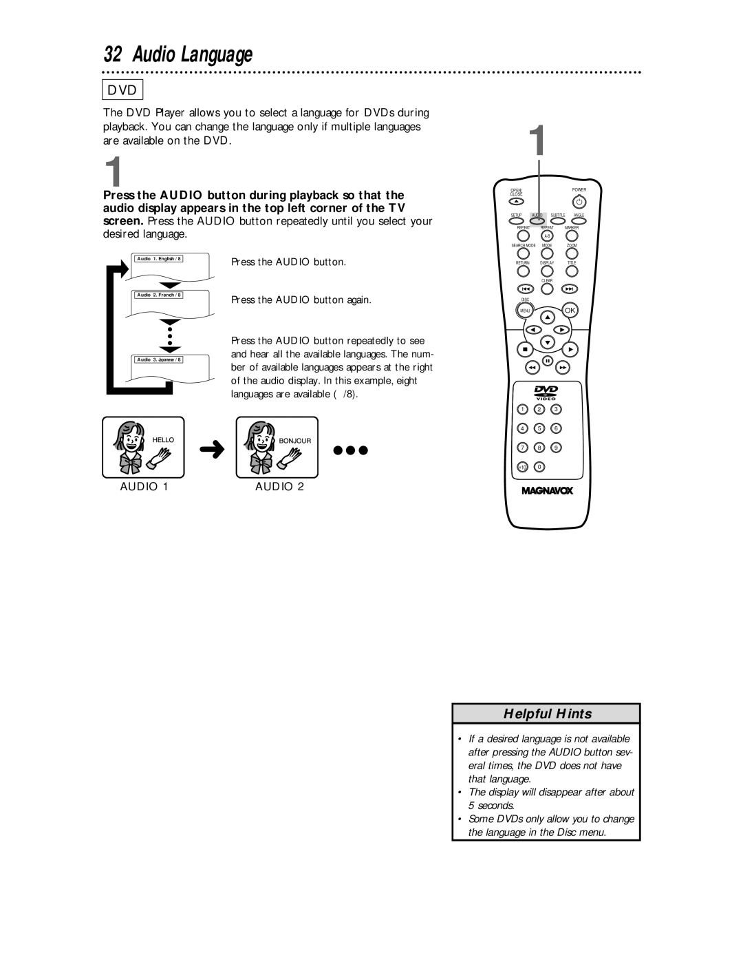 Magnavox DVD609 owner manual Audio Language, Press the Audio button Press the Audio button again 