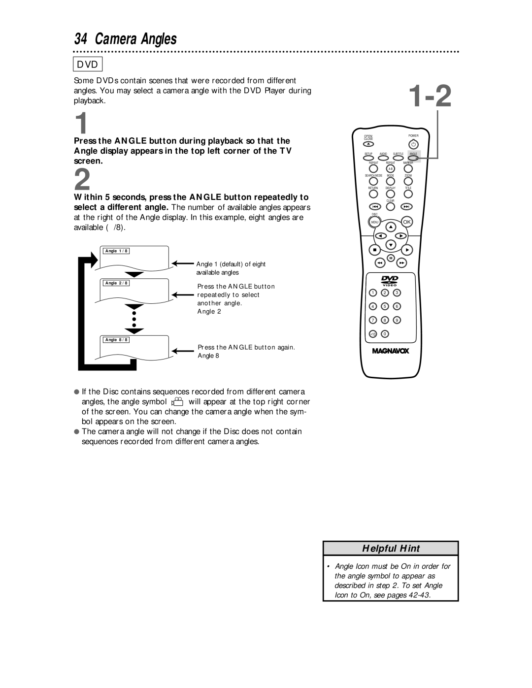 Magnavox DVD609 owner manual Camera Angles 