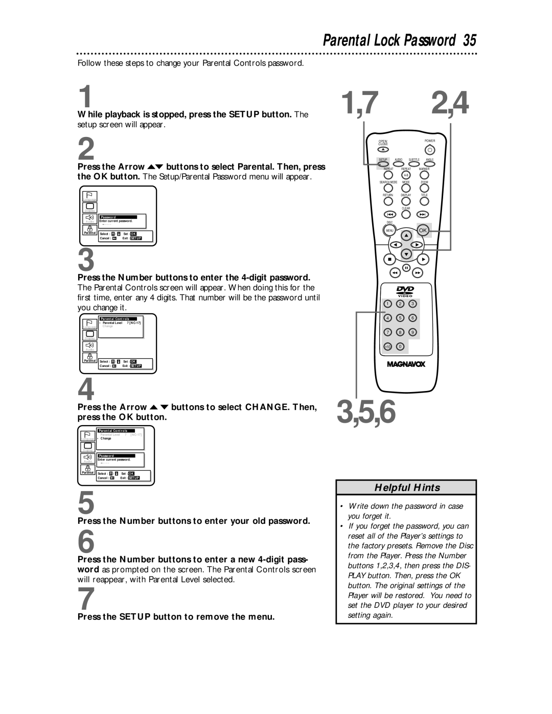Magnavox DVD609 owner manual Parental Lock Password, Follow these steps to change your Parental Controls password 