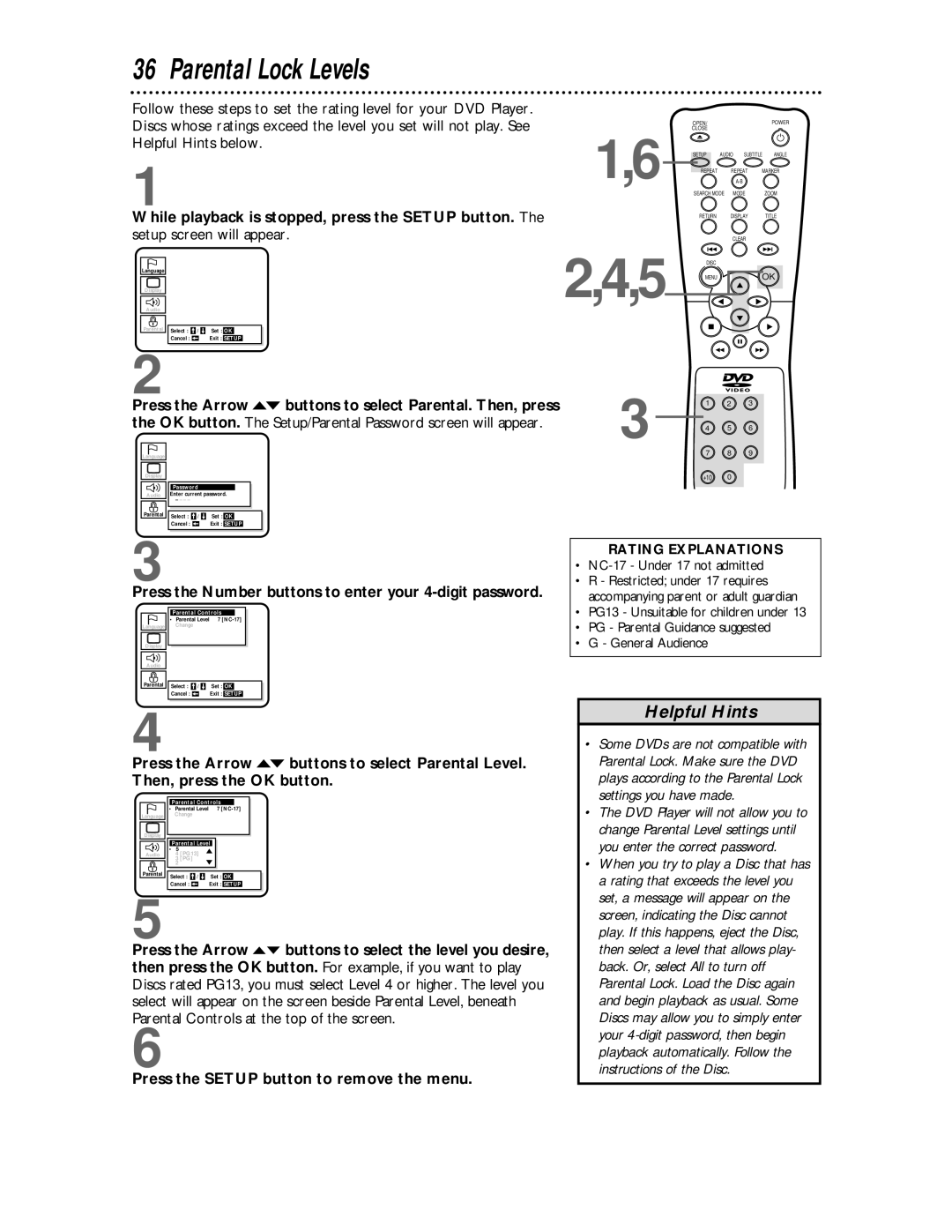 Magnavox DVD609 Parental Lock Levels, Helpful Hints below.1,6, Press the Arrow op buttons to select Parental. Then, press 