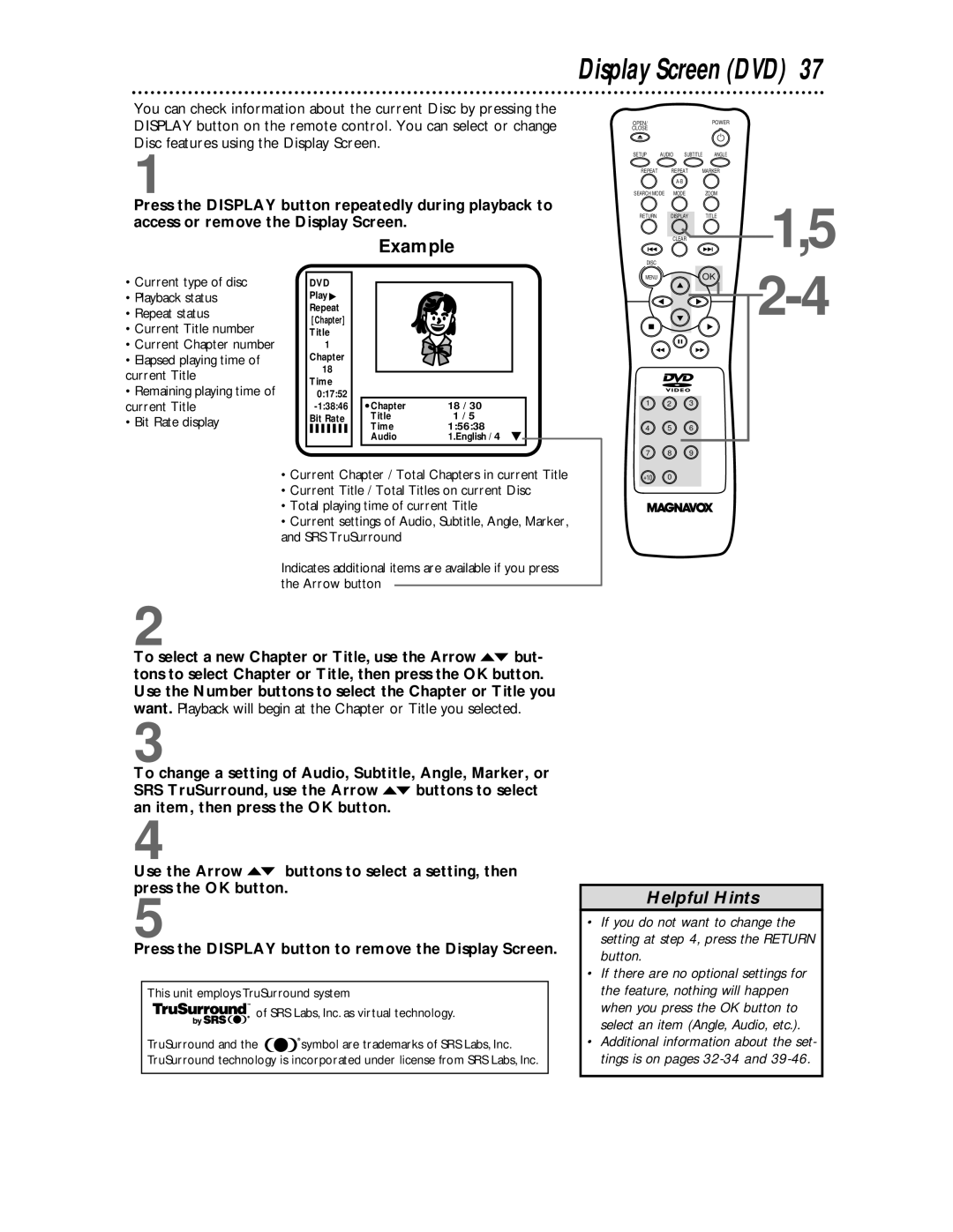 Magnavox DVD609 owner manual Display Screen DVD, Example 