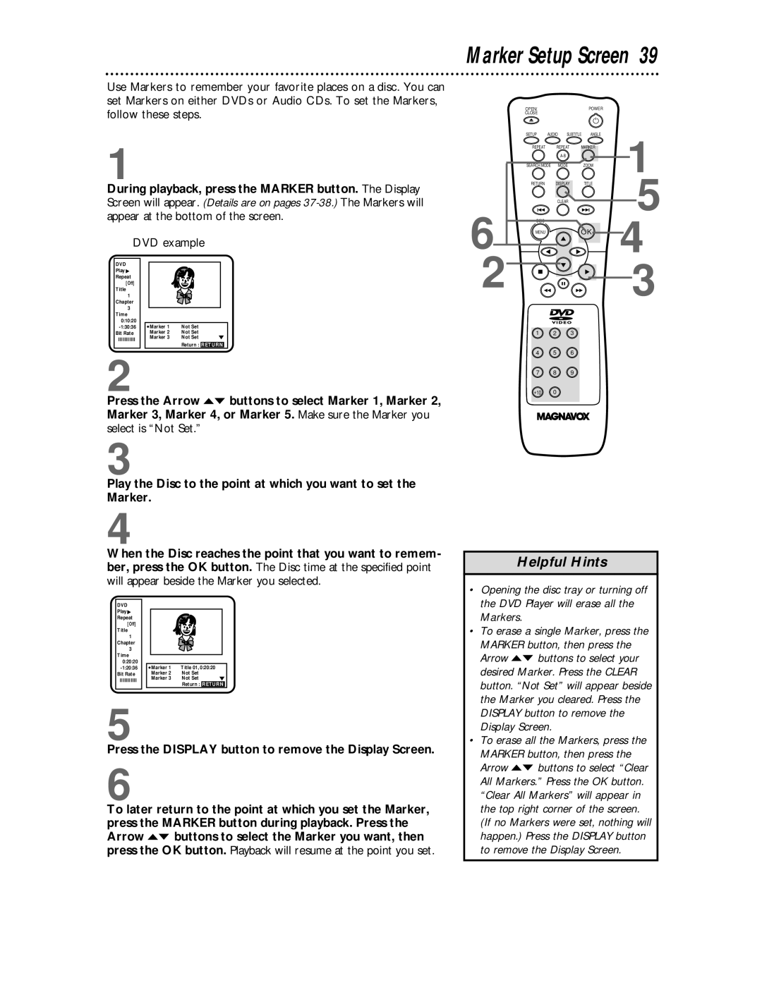 Magnavox DVD609 owner manual Marker Setup Screen, DVD example 