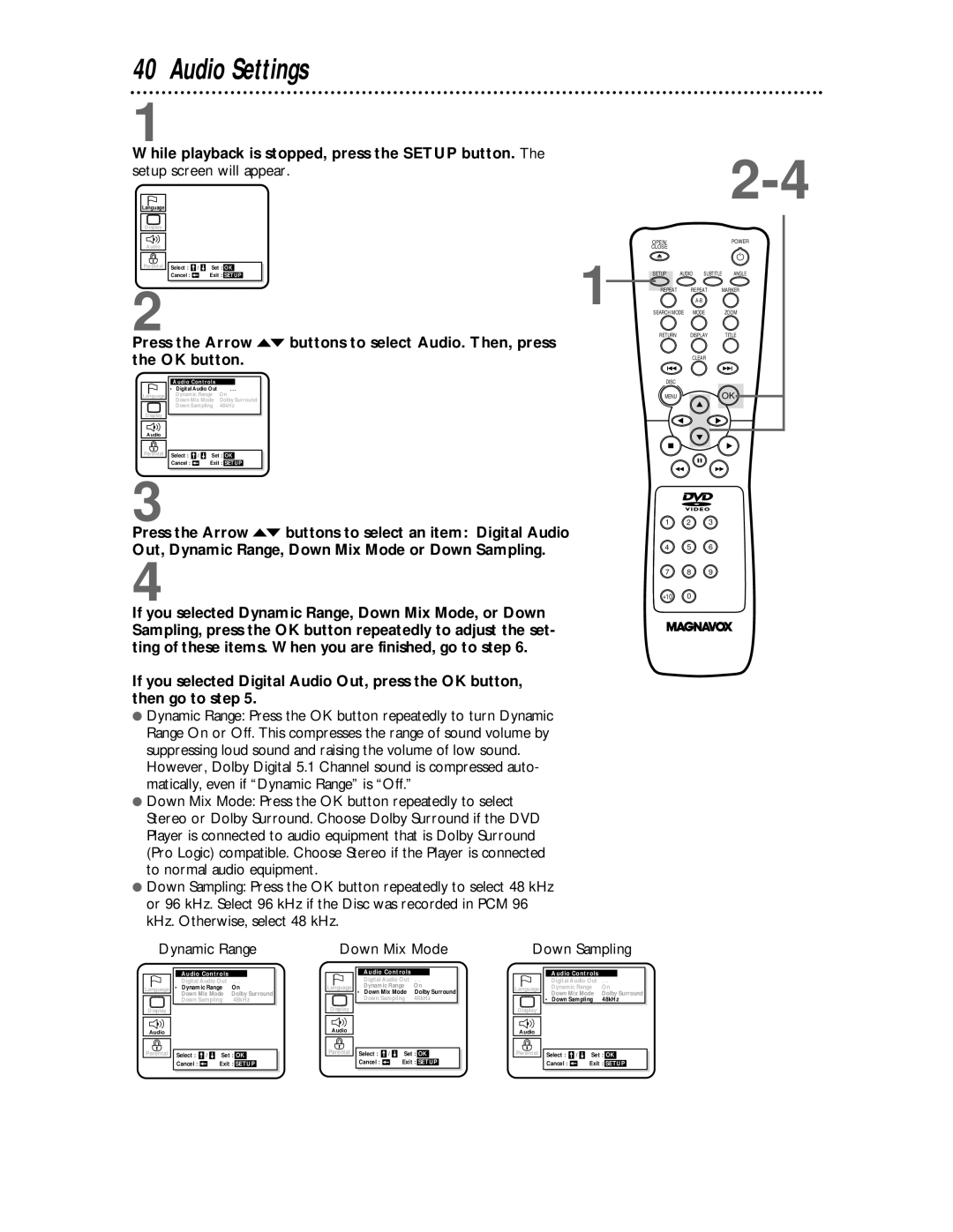 Magnavox DVD609 Audio Settings, While playback is stopped, press the Setup button, Setup screen will appear, Down Mix Mode 