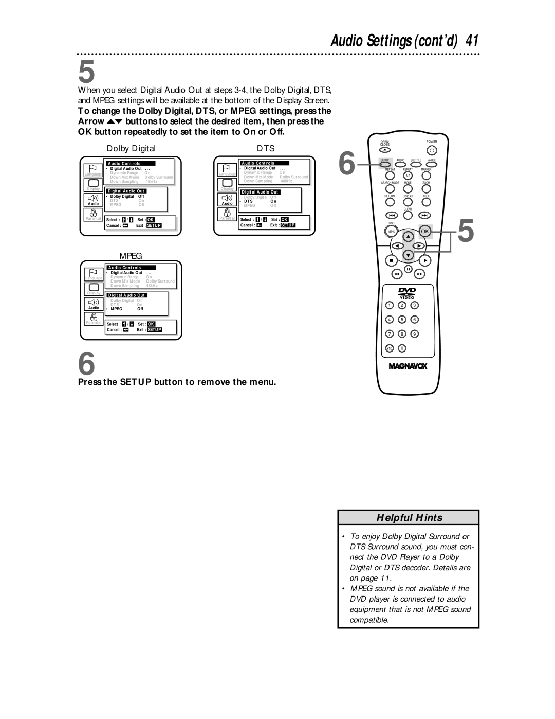 Magnavox DVD609 owner manual Audio Settings cont’d, Dolby Digital 