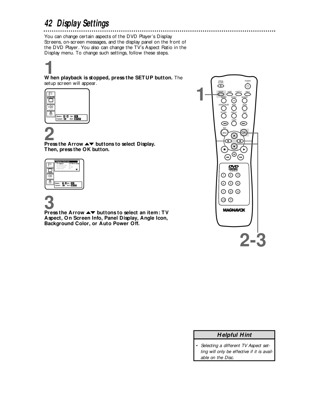 Magnavox DVD609 owner manual Display Settings, Display Controls 