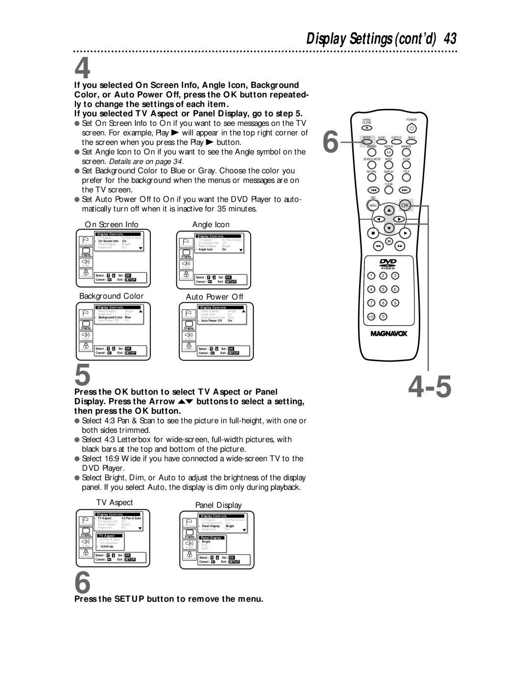 Magnavox DVD609 owner manual Display Settings cont’d 