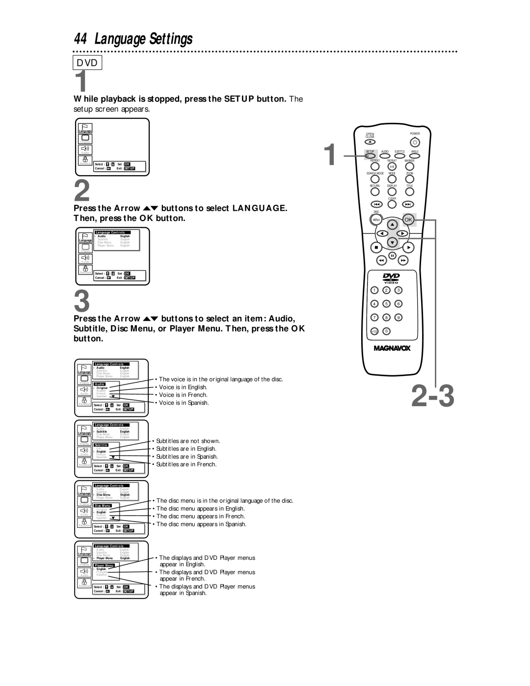 Magnavox DVD609 owner manual Language Settings, Setup screen appears 