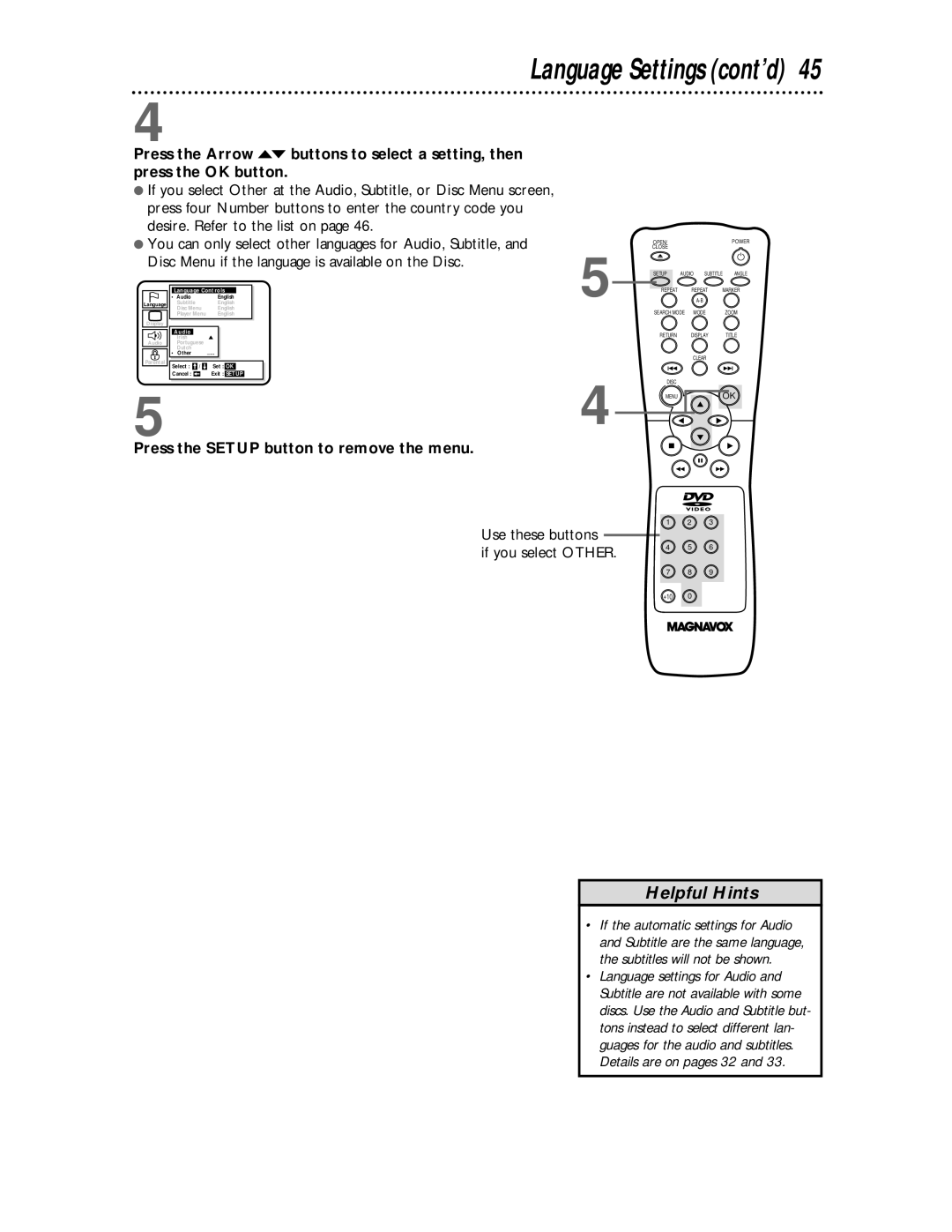 Magnavox DVD609 owner manual Language Settings cont’d, Use these buttons If you select Other 