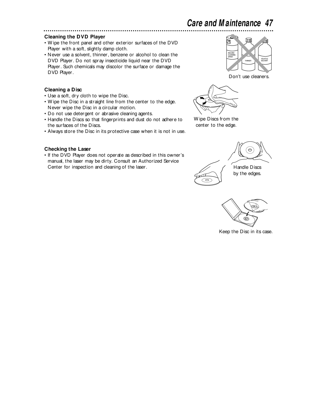 Magnavox DVD609 owner manual Care and Maintenance, Cleaning the DVD Player, Cleaning a Disc, Checking the Laser 